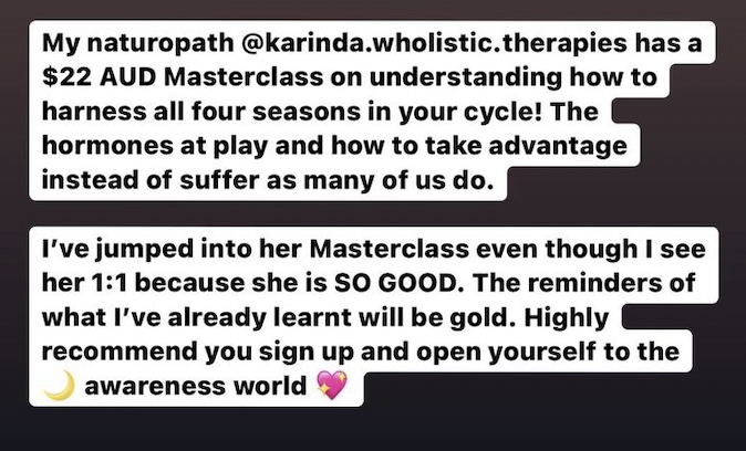 Screenshot of a social media post promoting a Masterclass on understanding cycles and hormones led by Karinda Wholeistic Therapies, with praise for the instructor and encouragement to sign up.