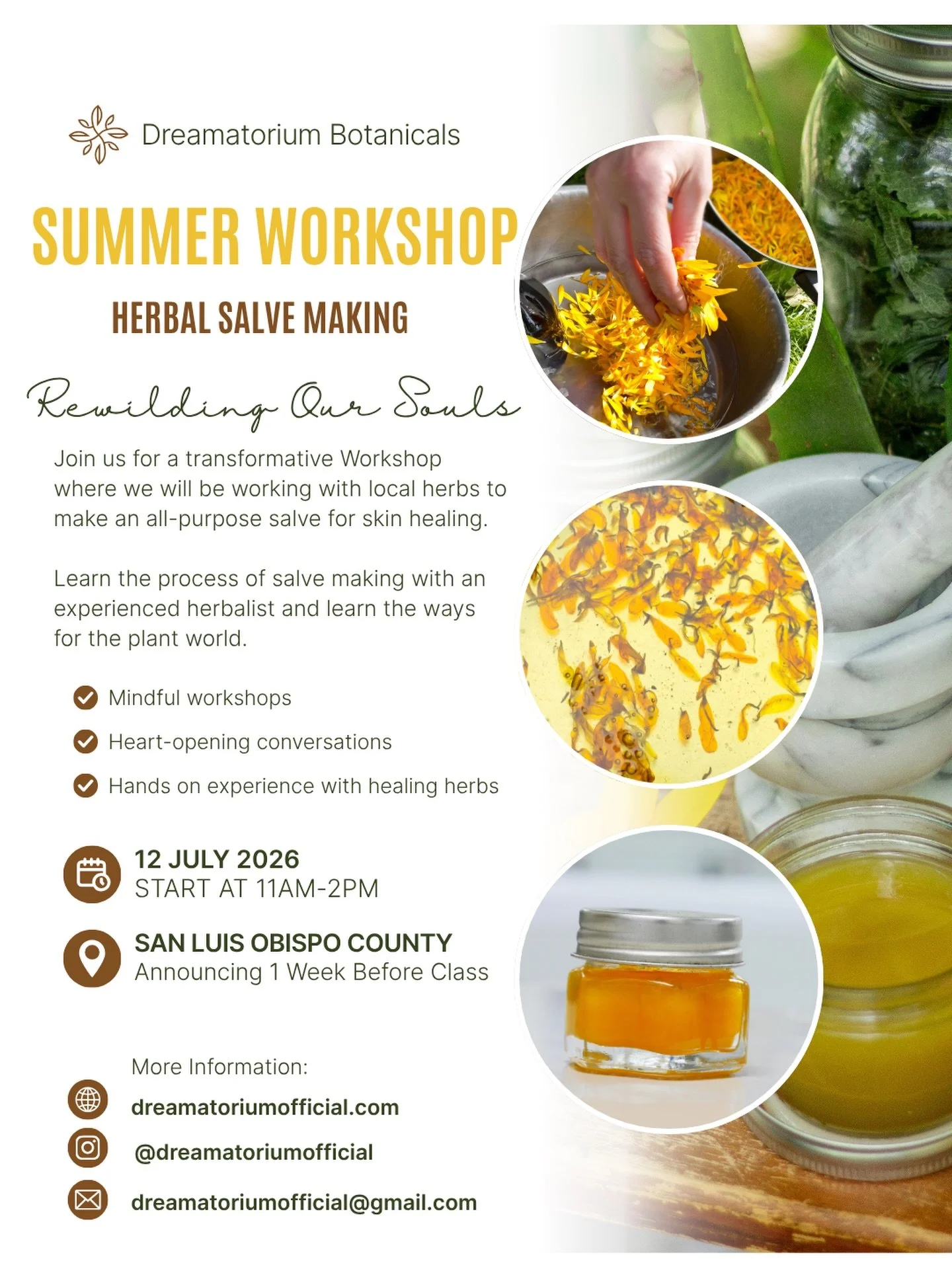 This is our next hands-on herbal workshop or we will be making herbal salves together! 🧡

Infusing herbs in oils to make a potent medicinal balm that can be used to soothe, cut, scrapes and bruises! 🌿

Please also notice that I have changed the tim