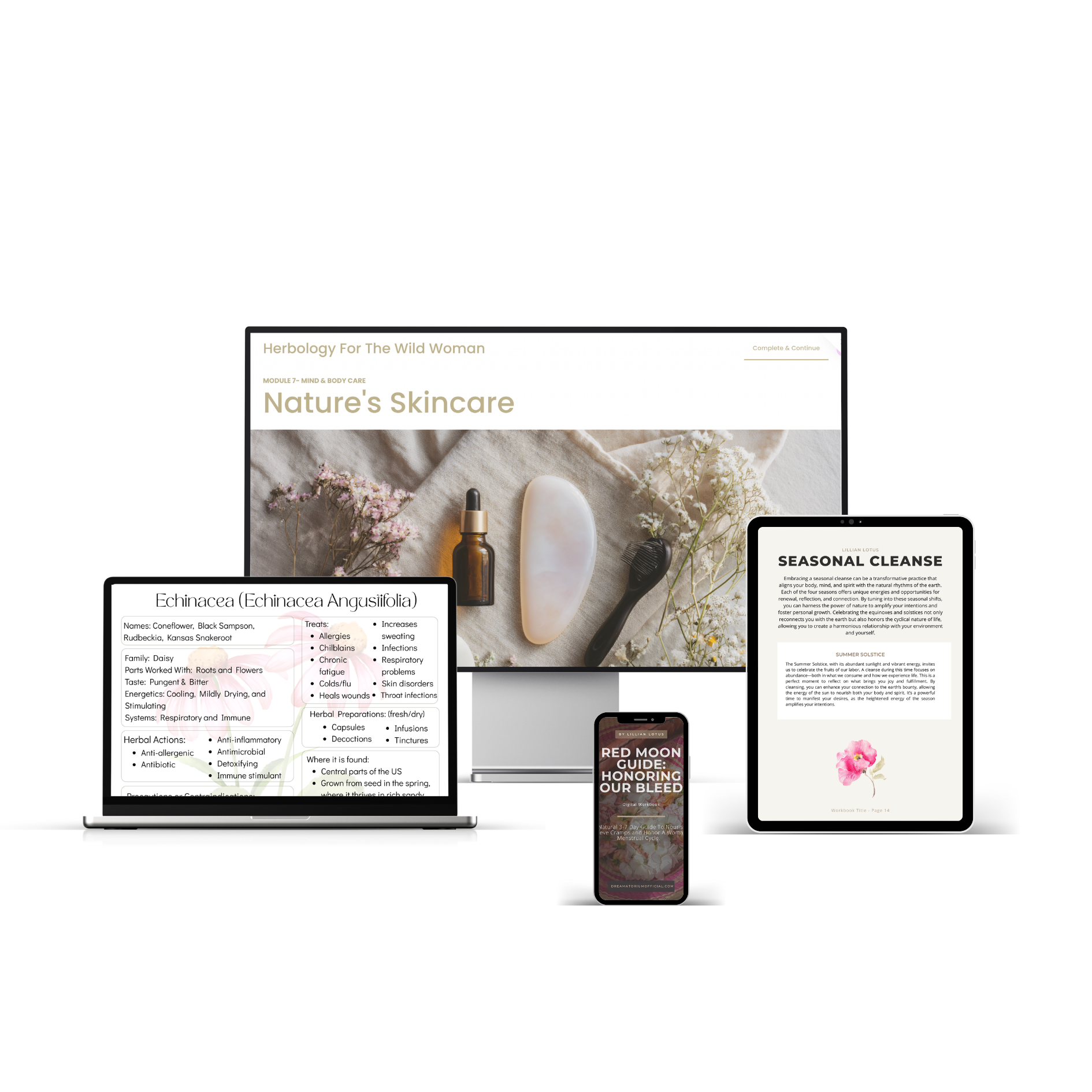 Multiple digital devices displaying wellness, herbal medicine, and natural skincare guides, including tablets and smartphones with content about herbal care, seasonality, and nature-inspired beauty products