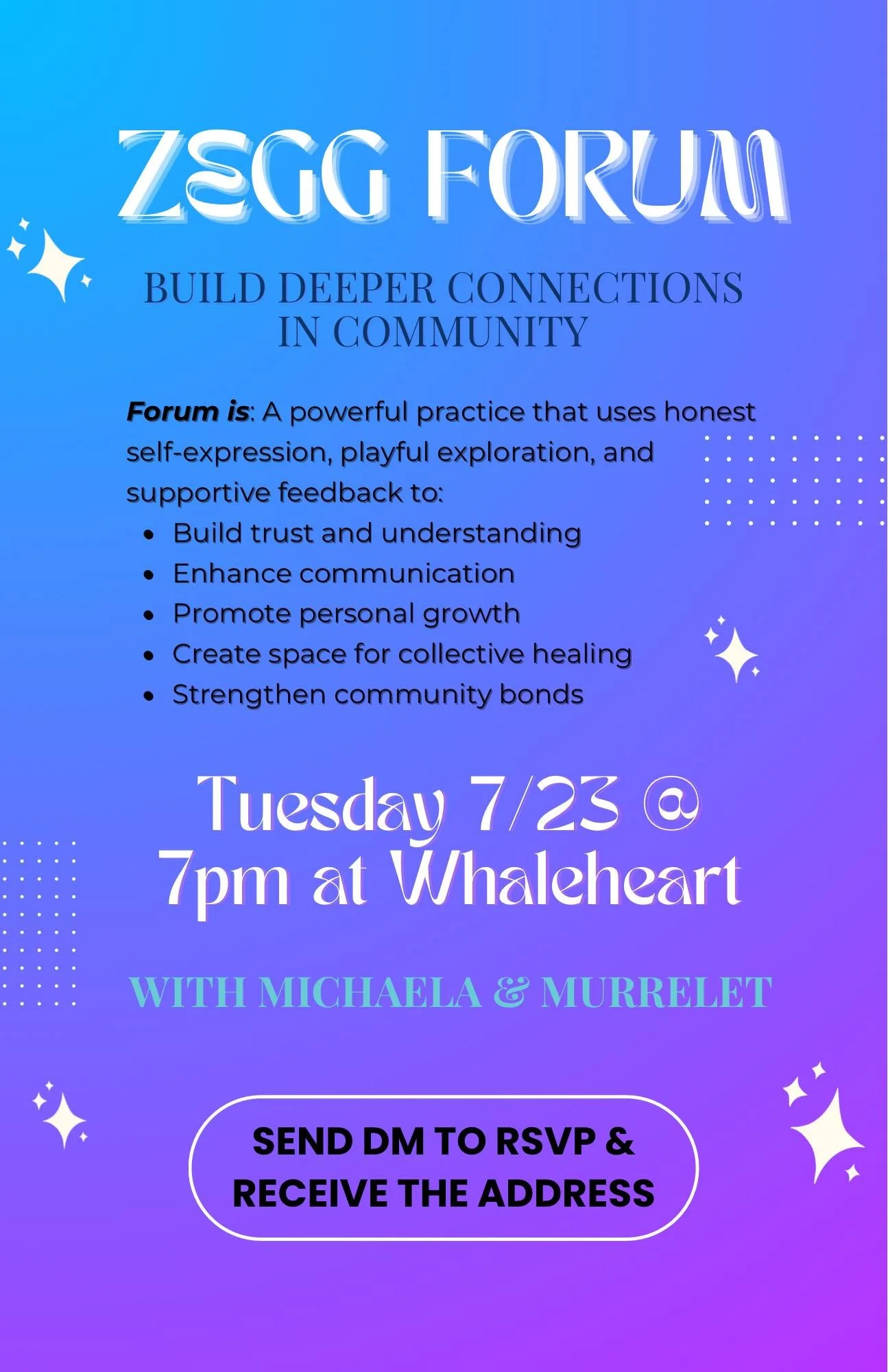 Mt Shasta friends!

It&rsquo;s been a long time coming since I&rsquo;ve desired to bring ZEGG Forum to my local community, so with an impromptu invitation this week, I had to say yes to the pull!

🌟 ZEGG Forum at Whaleheart &ndash; A Portal for Trut