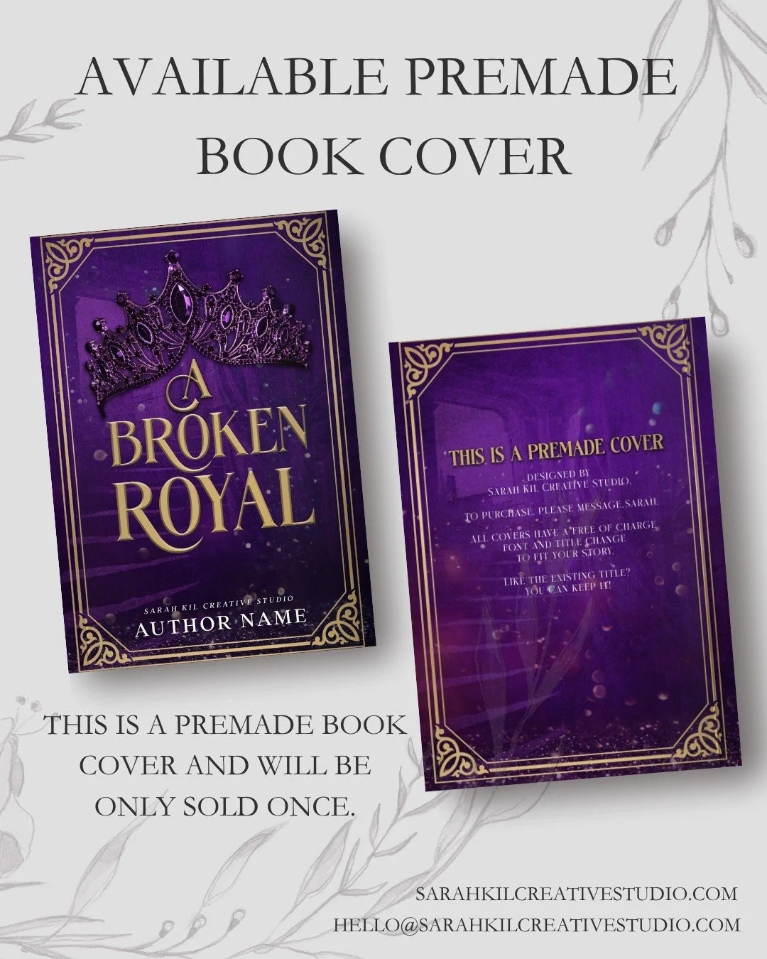 Covember Challenge Day 1: Royal

Premade: A Broken Royal
Status: AVAILABLE

DM or comment below to claim if interested 🤍

Premade comes with 1 full wrap, ebook files &amp; title PNG. Title, Author Name, and Tagline (if available) can be updated once