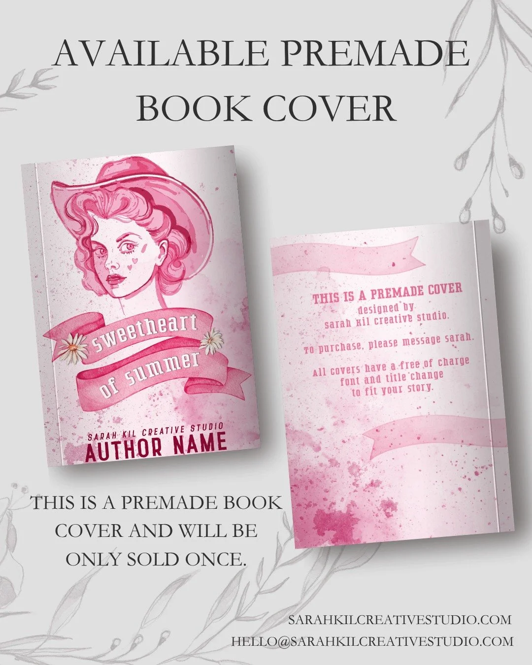 Day 2: Watercolor

Premade: Sweetheart of Summer
Status: AVAILABLE

DM or comment below to claim if interested 🤍

Premade comes with 1 full wrap, ebook files &amp; title PNG. Title, Author Name, and Tagline (if available) can be updated once purchas