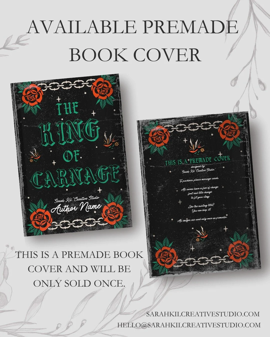 Day 5: Typography

Premade: The King of Carnage
Status: AVAILABLE

DM or comment below to claim if interested 🤍

Premade comes with 1 full wrap, ebook files &amp; title PNG. Title, Author Name, and Tagline (if available) can be updated once purchase