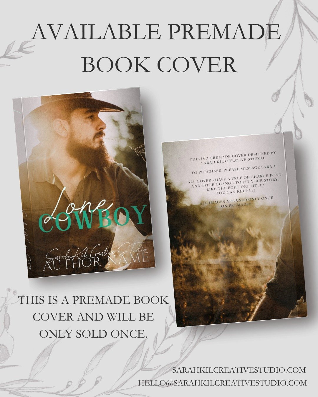 Premade: Lone Cowboy
Status: AVAILABLE

DM or comment below to claim if interested 🤍

Premade comes with 1 full wrap, ebook files &amp; title PNG. Title, Author Name, and Tagline (if available) can be updated once purchased. Add ons are available at