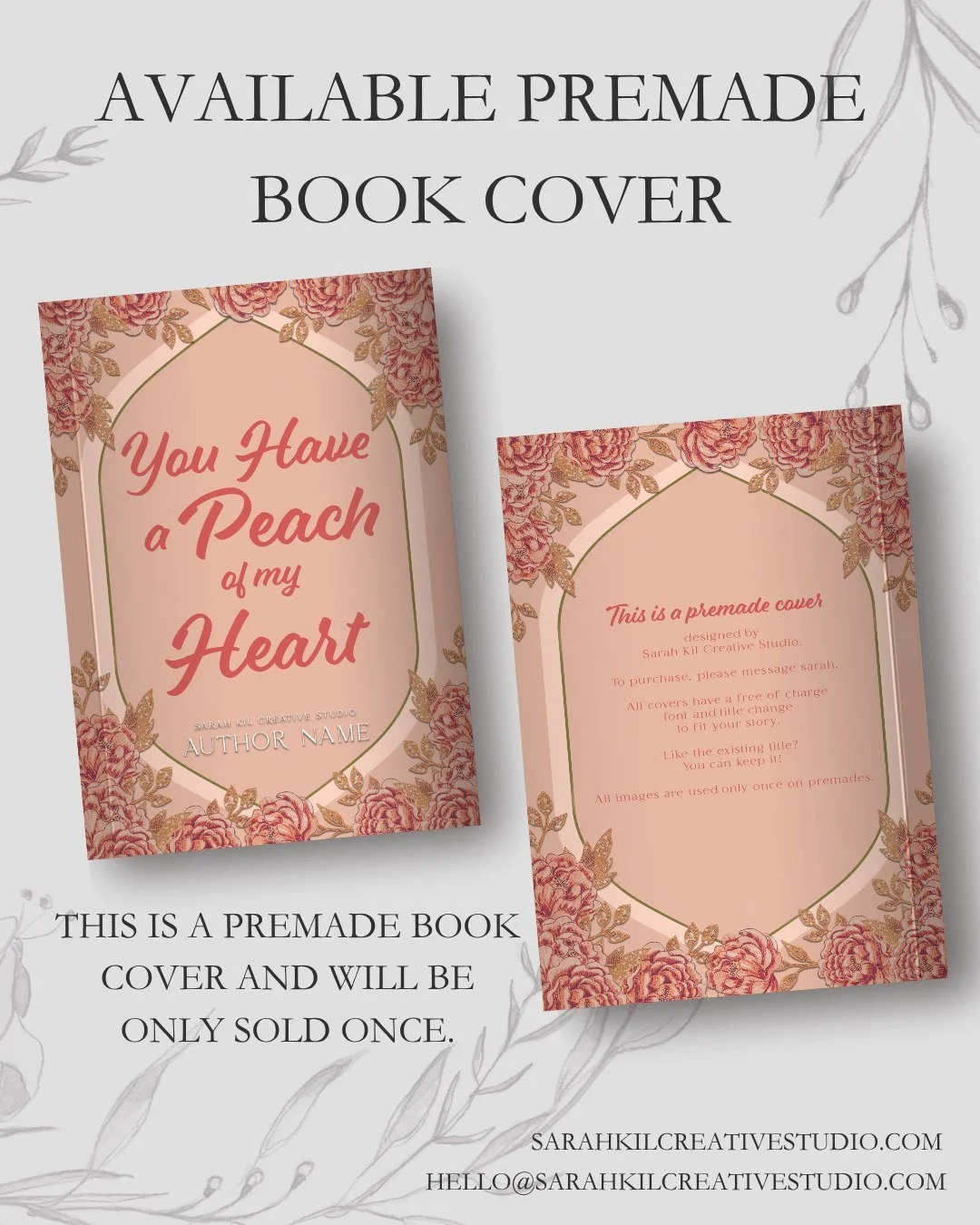 Day 11: Peach

Premade: You Have A Peach of my Heart
Status: AVAILABLE

DM or comment below to claim if interested 🤍

Premade comes with 1 full wrap, ebook files &amp; title PNG. Title, Author Name, and Tagline (if available) can be updated once pur