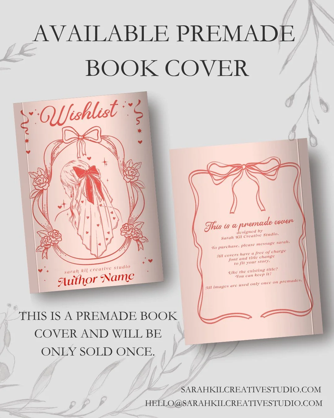 Day 13: Bride

Premade: Wishlist
Status: AVAILABLE

DM or comment below to claim if interested 🤍

Premade comes with 1 full wrap, ebook files &amp; title PNG. Title, Author Name, and Tagline (if available) can be updated once purchased. Add ons are 