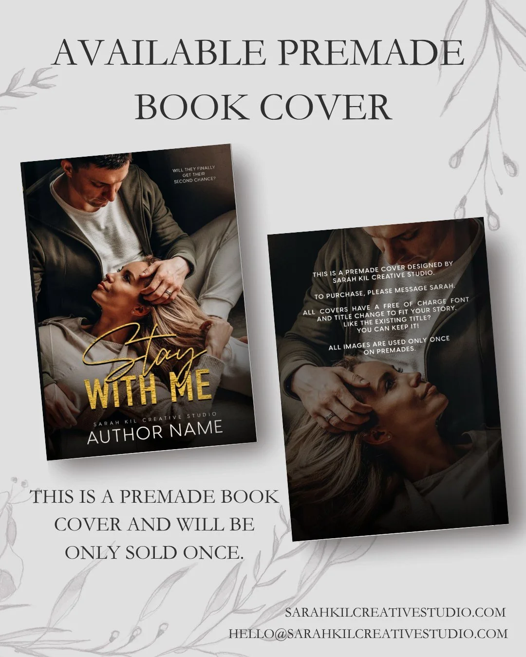 Premade: Stay with Me
Status: AVAILABLE

DM or comment below to claim if interested 🤍

Premade comes with 1 full wrap, ebook files &amp; title PNG. Title, Author Name, and Tagline (if available) can be updated once purchased. Add ons are available a