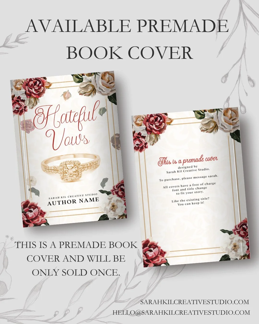 Day 22: Diamond

Premade: Hateful Vows
Status: AVAILABLE

DM or comment below to claim if interested 🤍

Premade comes with 1 full wrap, ebook files &amp; title PNG. Title, Author Name, and Tagline (if available) can be updated once purchased. Add on