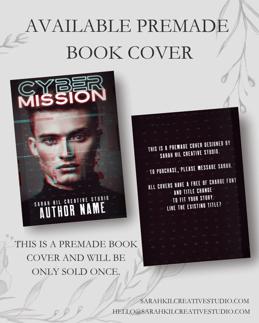 Premade: Cyber Mission
Status: AVAILABLE

DM or comment below to claim if interested 🤍

Premade comes with 1 full wrap, ebook files &amp; title PNG. Title, Author Name, and Tagline (if available) can be updated once purchased. Add ons are available 