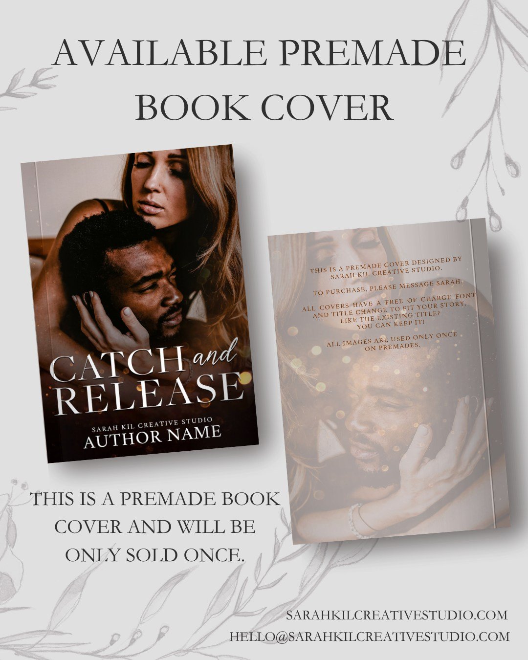 Premade: Catch &amp; Release
Status: AVAILABLE

DM or comment below to claim if interested 🤍

Premade comes with 1 full wrap, ebook files &amp; title PNG. Title, Author Name, and Tagline (if available) can be updated once purchased. Add ons are avai