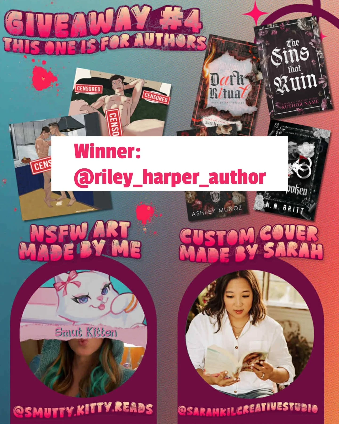 And we have a winner!! Congratulations @riley_harper_author!!!

Thank you @smutty.kitty.reads for letting me celebrate you and gifting a custom cover!! 

And thank you to all my new followers!! I hit 1600 followers today and that is so amazing!! I ho