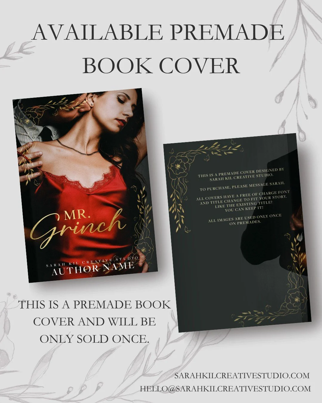 Premade Book Cover: Mr. Grinch
Status: AVAILABLE

DM or comment below to claim if interested 🤍

Premade comes with 1 full wrap, ebook files &amp; title PNG. Title, Author Name, and Tagline (if available) can be updated once purchased. Add ons are av