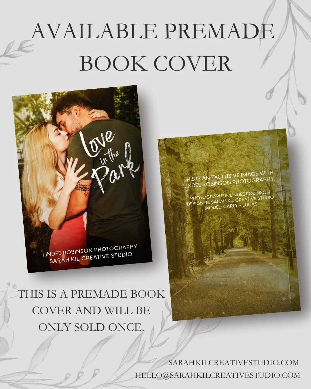 Exclusive Premade Book Cover: Love in the Park
Status: AVAILABLE
Photographer: Lindee Robinson Photography

DM or comment below to claim if interested 🤍

Premade comes with 1 full wrap, ebook files &amp; title PNG. Title, Author Name, and Tagline (i