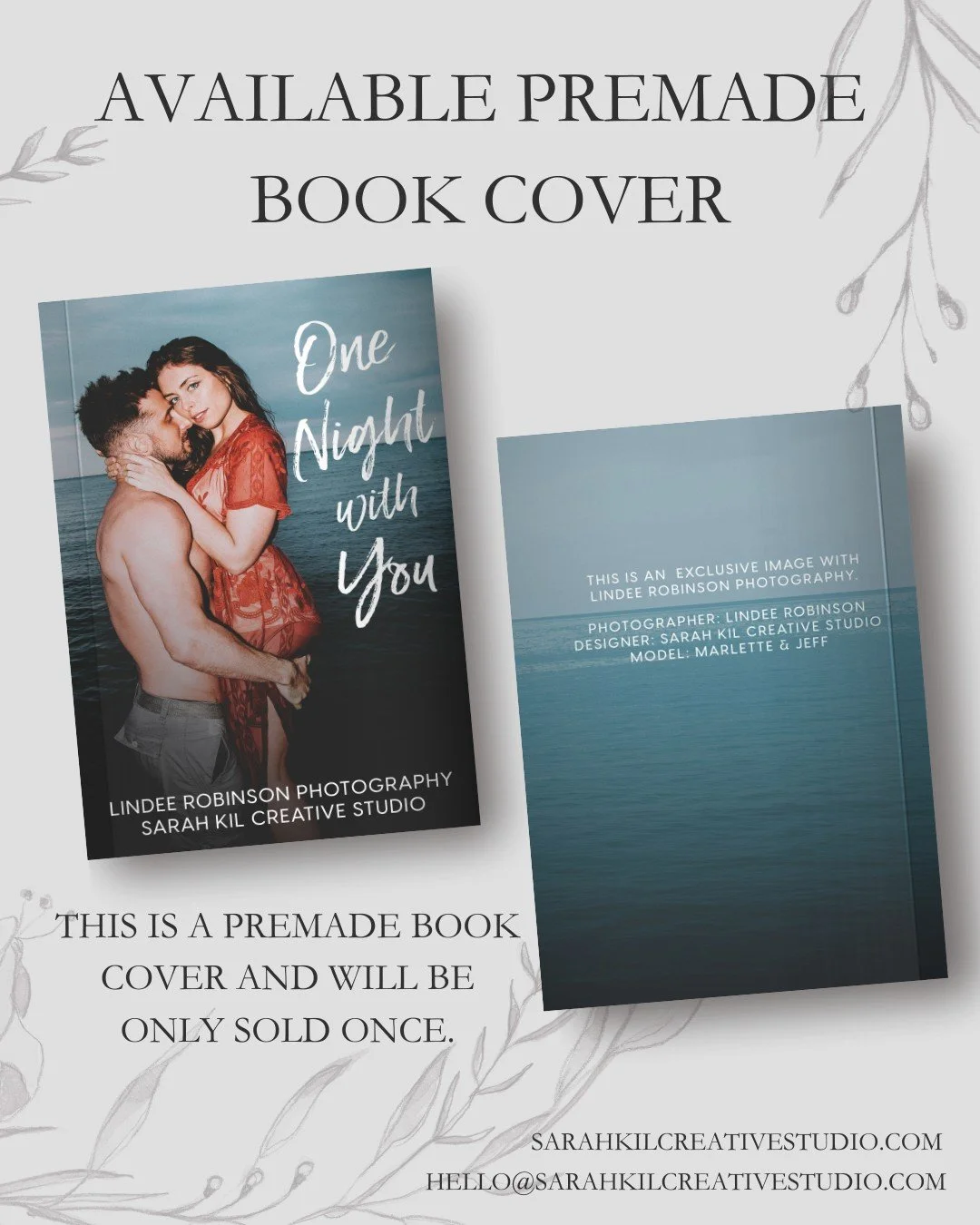 Exclusive Premade Book Cover: One Night with You
Status: AVAILABLE
Photographer: Lindee Robinson Photography

DM or comment below to claim if interested 🤍

Premade comes with 1 full wrap, ebook files &amp; title PNG. Title, Author Name, and Tagline 