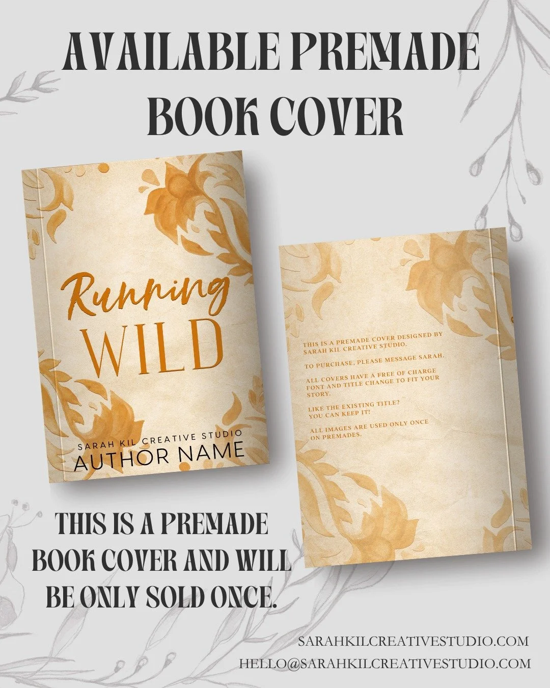 Premade Book Cover: Running Wild
Status: AVAILABLE

DM or comment below to claim if interested 🤍

Premade comes with 1 full wrap, ebook files &amp; title PNG. Title, Author Name, and Tagline (if available) can be updated once purchased. Add ons are 