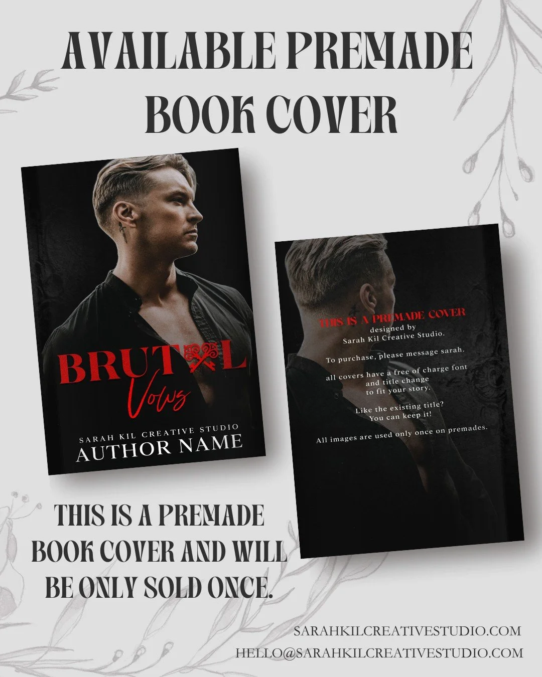 Premade Book Cover: Brutal Vows
Status: AVAILABLE

DM or comment below to claim if interested 🤍

Premade comes with 1 full wrap, ebook files &amp; title PNG. Title, Author Name, and Tagline (if available) can be updated once purchased. Add ons are a