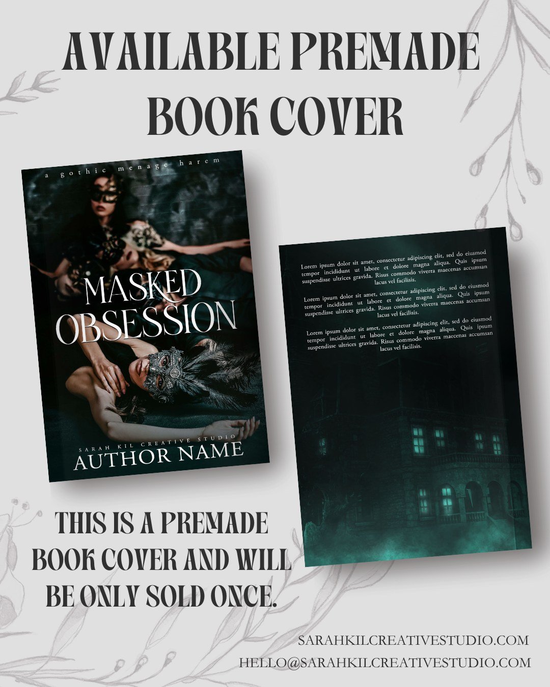 Premade Book Cover: Masked Obsession
Status: AVAILABLE

DM or comment below to claim if interested 🤍

Premade comes with 1 full wrap, ebook files &amp; title PNG. Title, Author Name, and Tagline (if available) can be updated once purchased. Add ons 