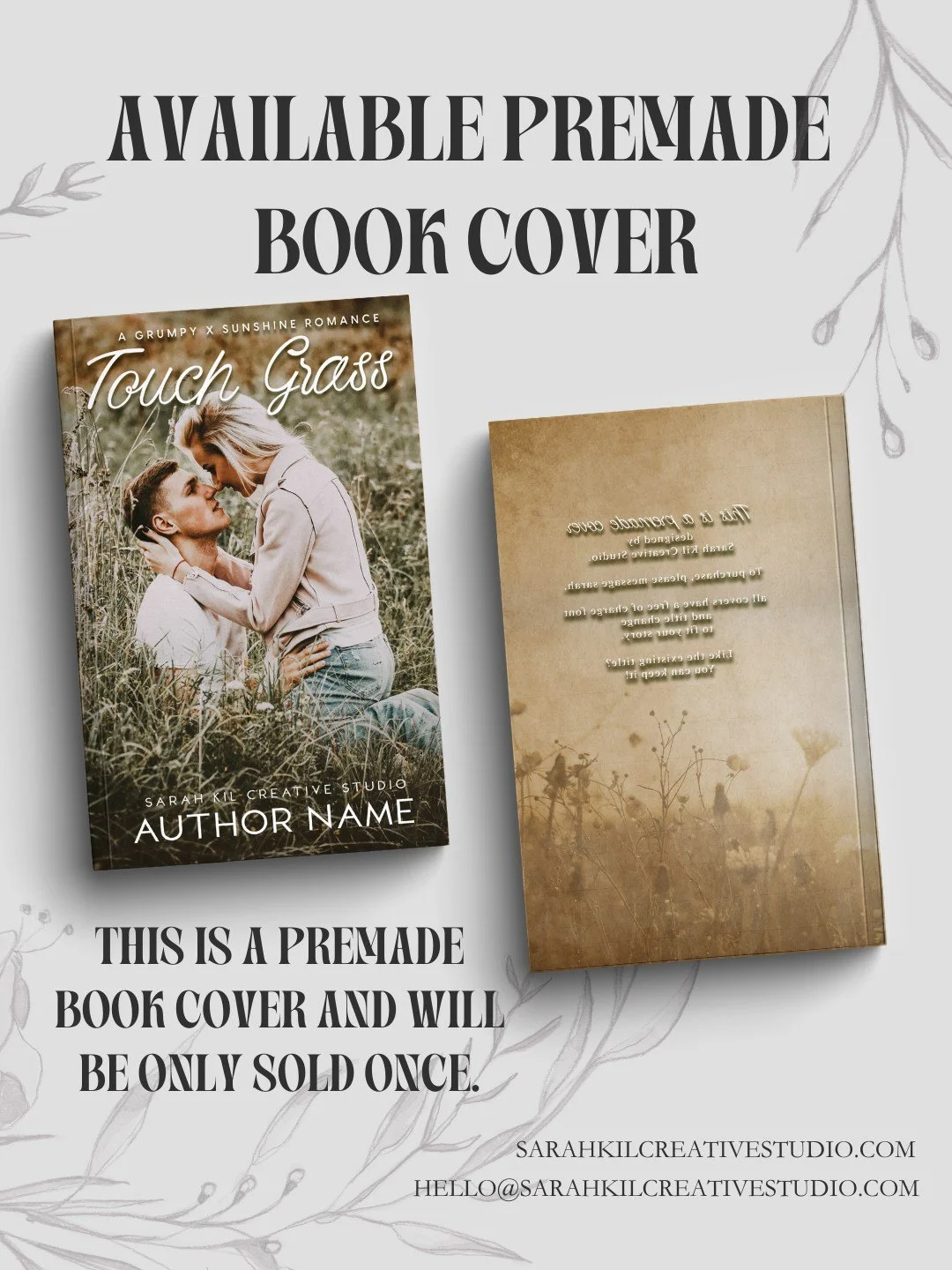 Premade Book Cover: Touch Grass
Status: AVAILABLE

DM or comment below to claim if interested 🤍

Premade comes with 1 full wrap, ebook files &amp; title PNG. Title, Author Name, and Tagline (if available) can be updated once purchased. Add ons are a
