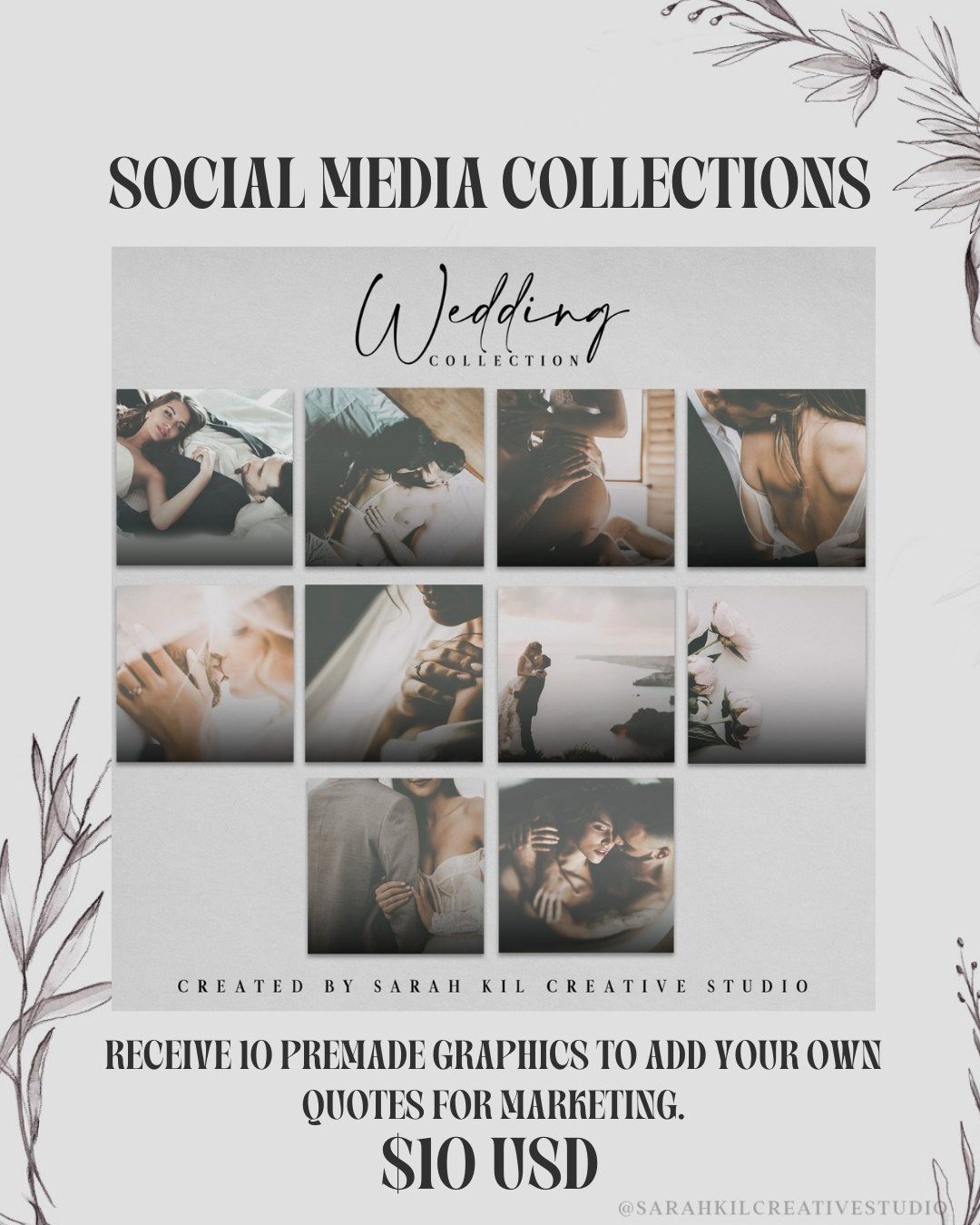 SOCIAL MEDIA COLLECTIONS: Wedding

Looking to elevate your graphics! I have social media collections available on my website.

Grab here https://www.sarahkilcreativestudio.com/social-media-collections

premade social media templates | wedding romance