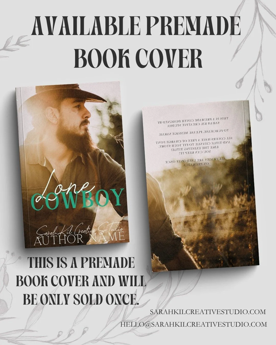 Premade Book Cover: Lone Cowboy
Status: AVAILABLE

DM or comment below to claim if interested 🤍

Premade comes with 1 full wrap, ebook files &amp; title PNG. Title, Author Name, and Tagline (if available) can be updated once purchased. Add ons are a