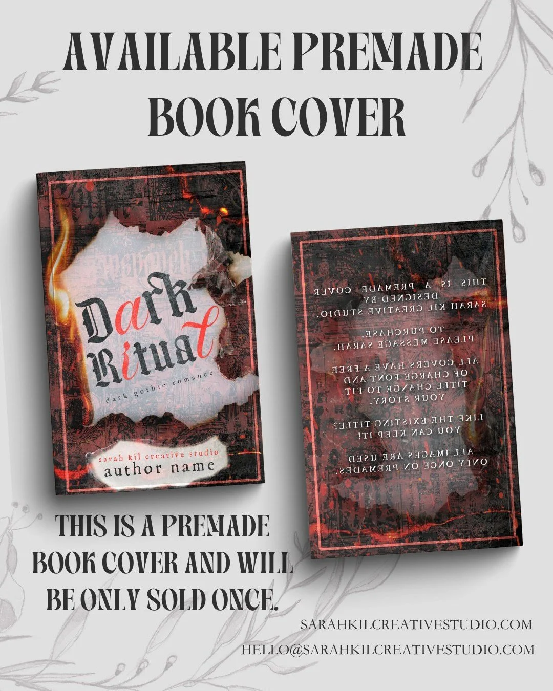 Premade Book Cover: Dark Ritual
Status: AVAILABLE

DM or comment below to claim if interested 🤍

Premade comes with 1 full wrap, ebook files &amp; title PNG. Title, Author Name, and Tagline (if available) can be updated once purchased. Add ons are a