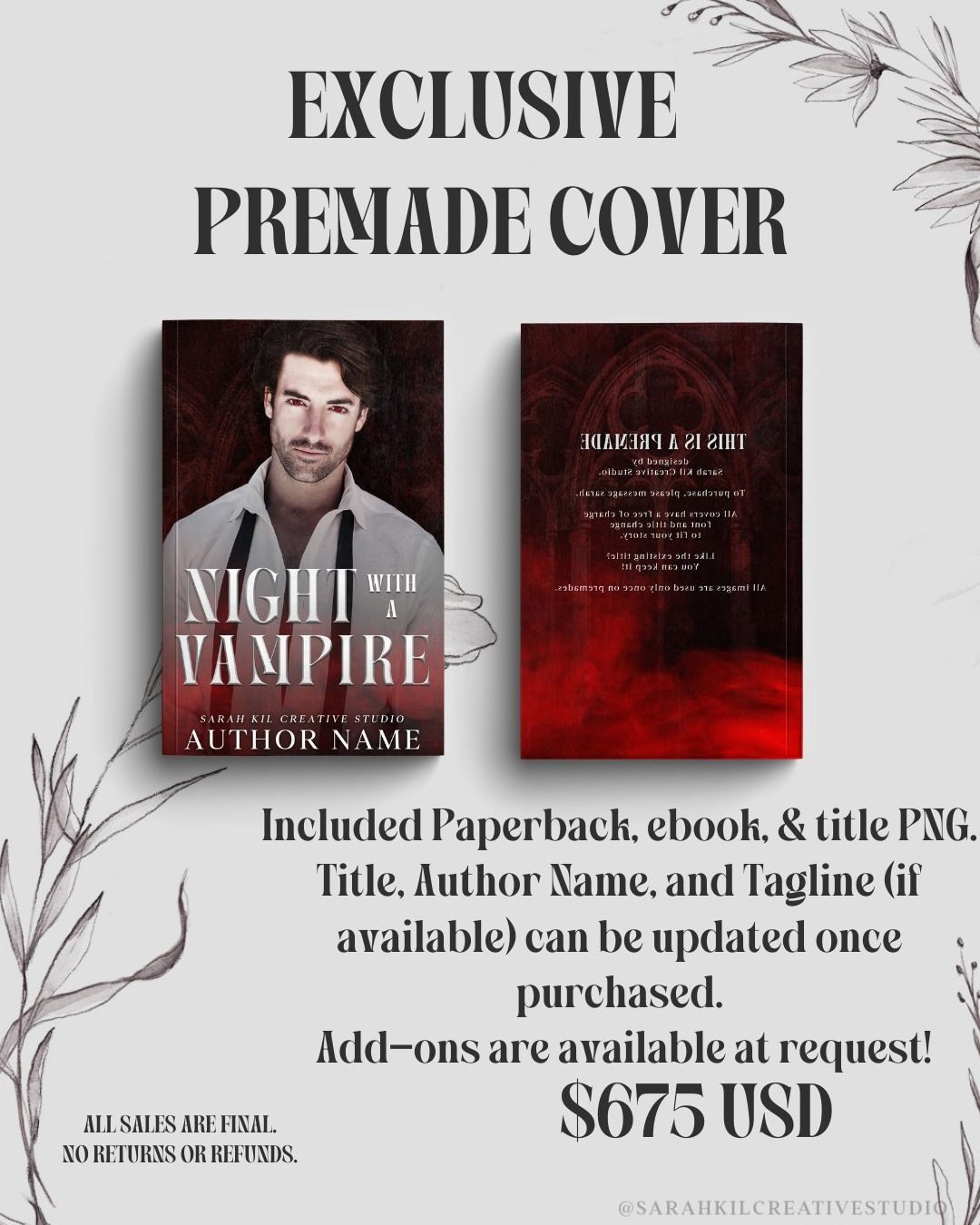 &hearts;️ RED VIBES Exclusive Book Cover Premade collab with Eric McKinney 612 Photography
Name: Night with A Vampire
Status: AVAILABLE
Photographer: Eric McKinney 612 Photography

DM or comment below with the Book title to claim if interested 🤍

Pr