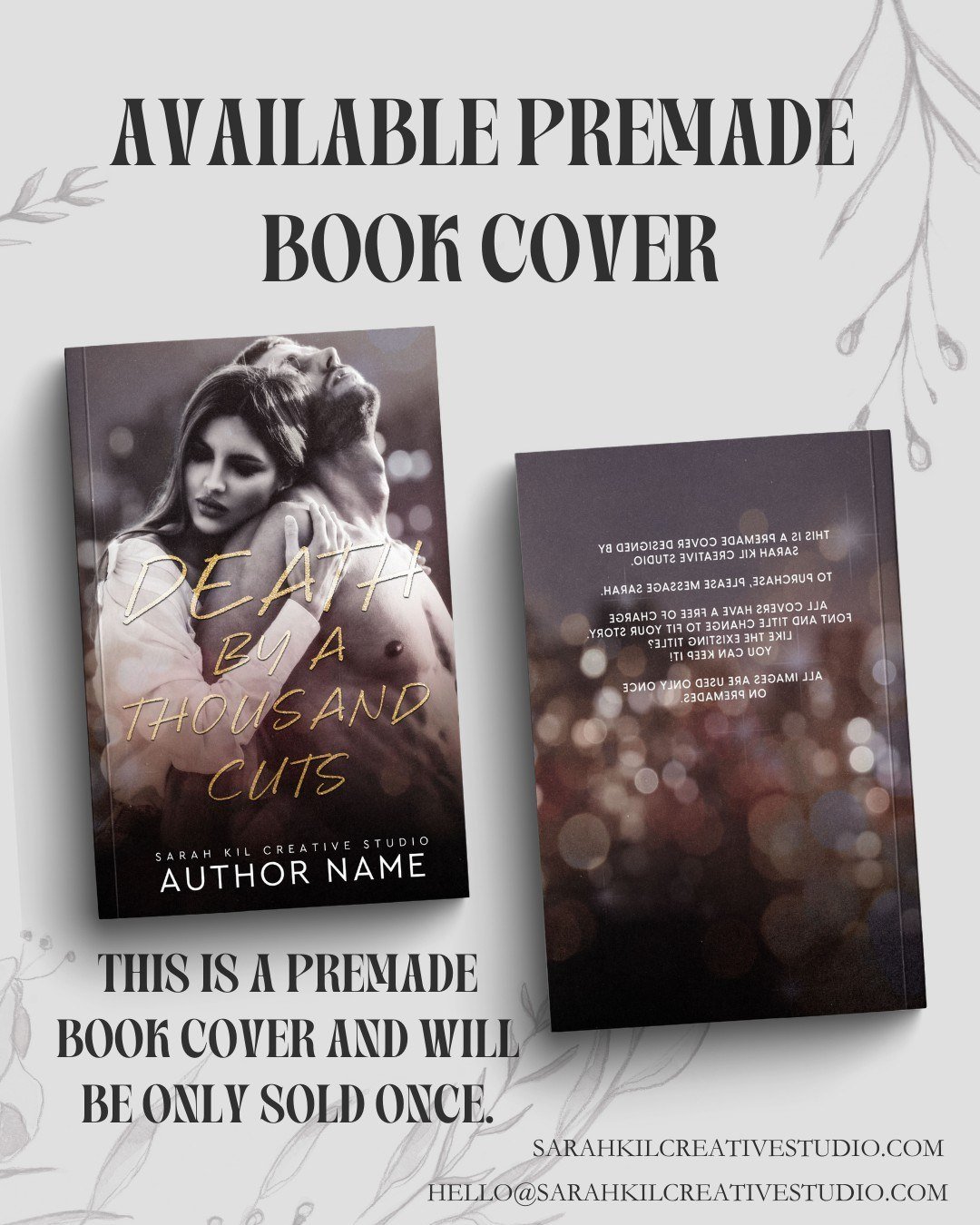 Premade Book Cover: Death by A Thousand Cuts
Status: AVAILABLE

DM or comment below to claim if interested 🤍

Premade cover comes with 1 full wrap, ebook files &amp; title PNG. Title, Author Name, and Tagline (if available) can be updated once purch