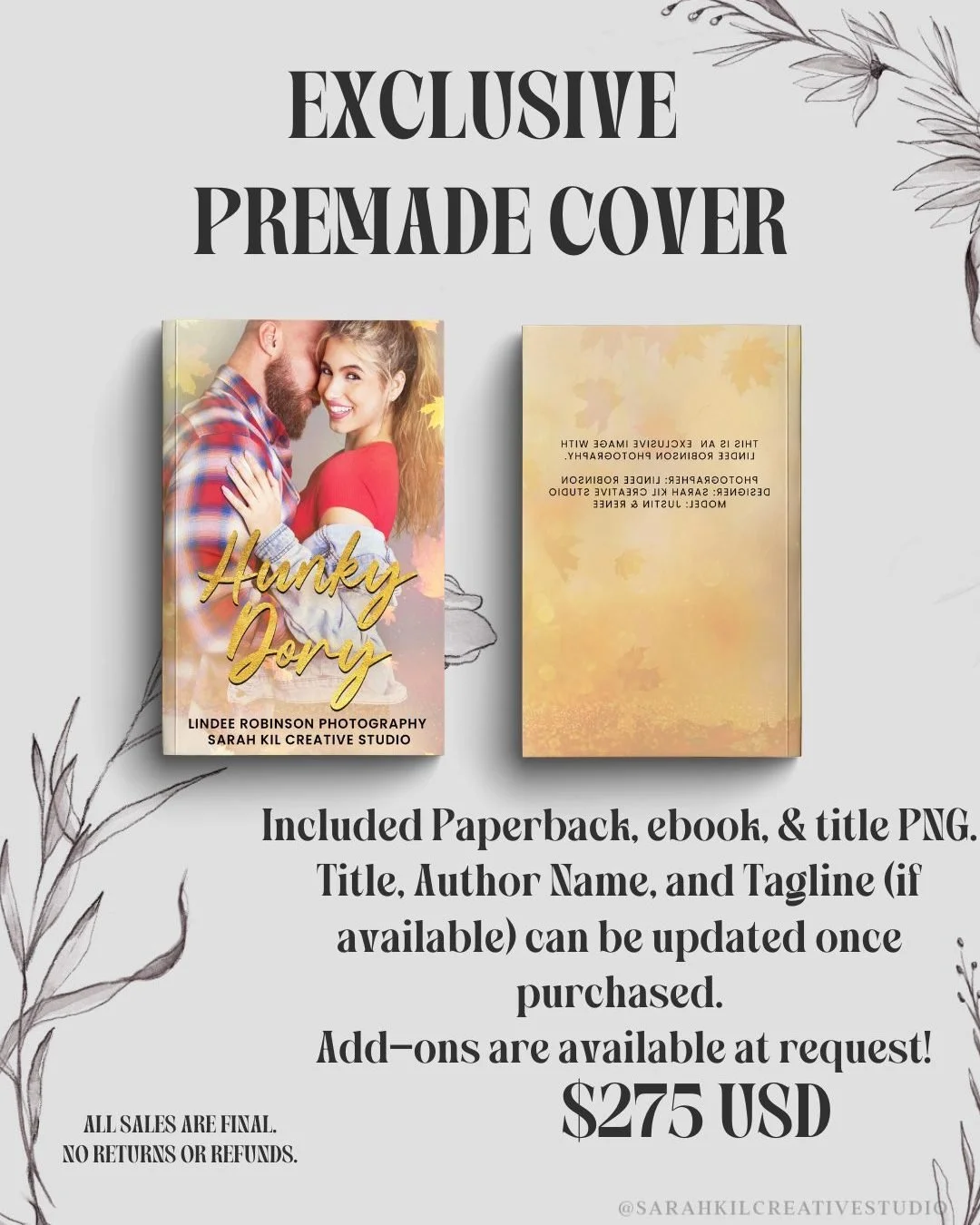 💛💛 YELLOW VIBES Exclusive Book Cover Premade collab with Lindee Robinson Photography
Name: Hunky Dory
Status: AVAILABLE
Photographer: Lindee Robinson

DM or comment below with the Book title to claim if interested 🤍

Premade comes with 1 full wrap