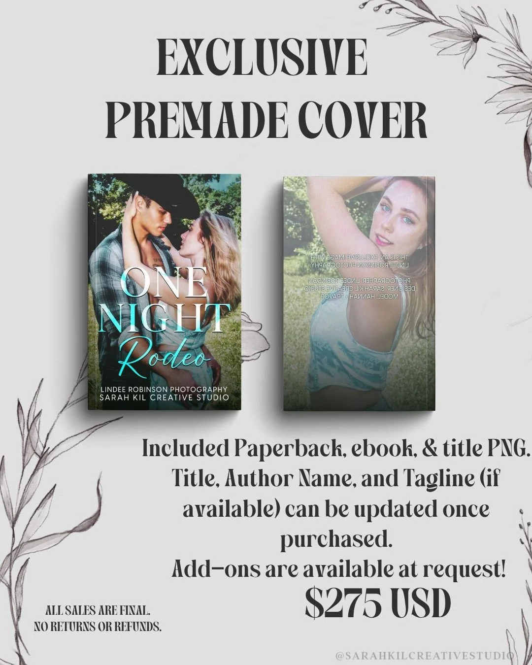💚💚 Green VIBES Exclusive Book Cover Premade collab with Lindee Robinson Photography
Name: One Night Rodeo
Status: AVAILABLE
Photographer: Lindee Robinson

DM or comment below with the Book title to claim if interested 🤍

Premade comes with 1 full 