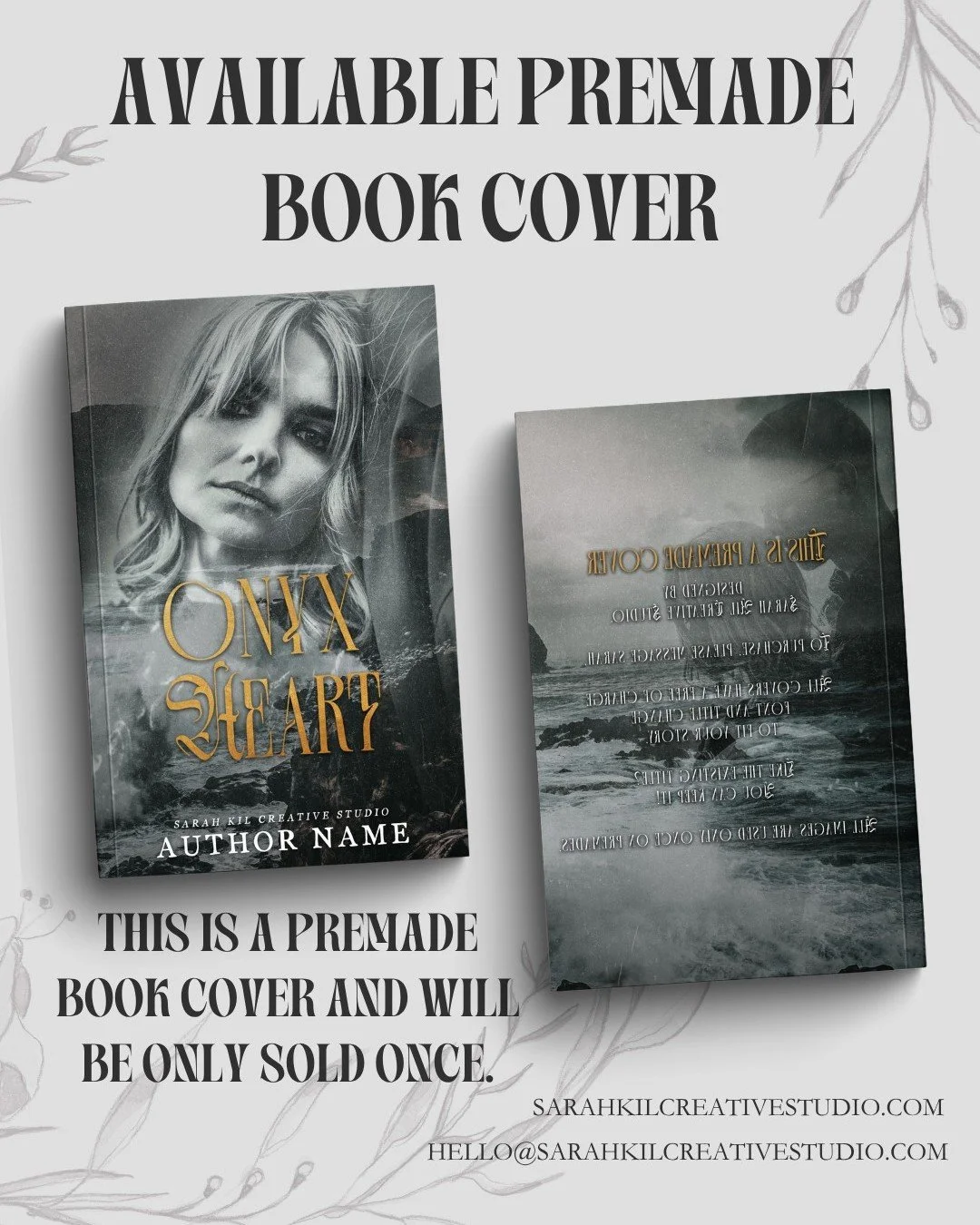 Premade Book Cover: Onyx Heart
Status: AVAILABLE

DM or comment below to claim if interested 🤍

Premade comes with 1 full wrap, ebook files &amp; title PNG. Title, Author Name, and Tagline (if available) can be updated once purchased. Add ons are av
