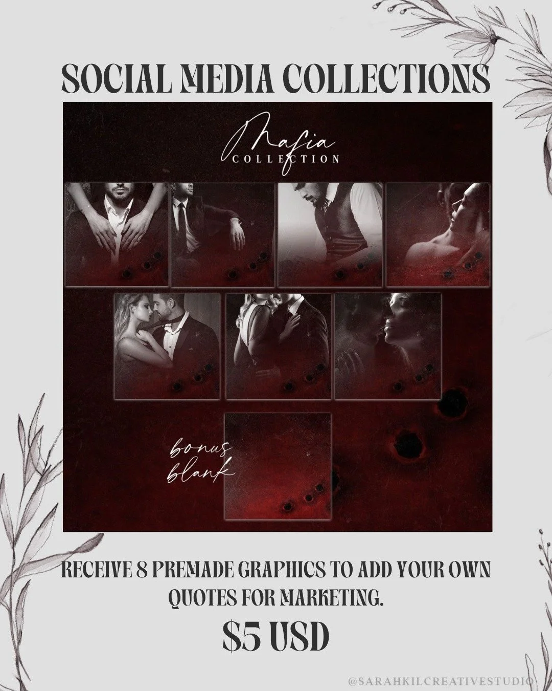 SOCIAL MEDIA COLLECTIONS: Mafia

Looking to elevate your graphics! I have social media collections available on my website.

Grab here https://www.sarahkilcreativestudio.com/social-media-collections

premade social media templates | mafia romance | r
