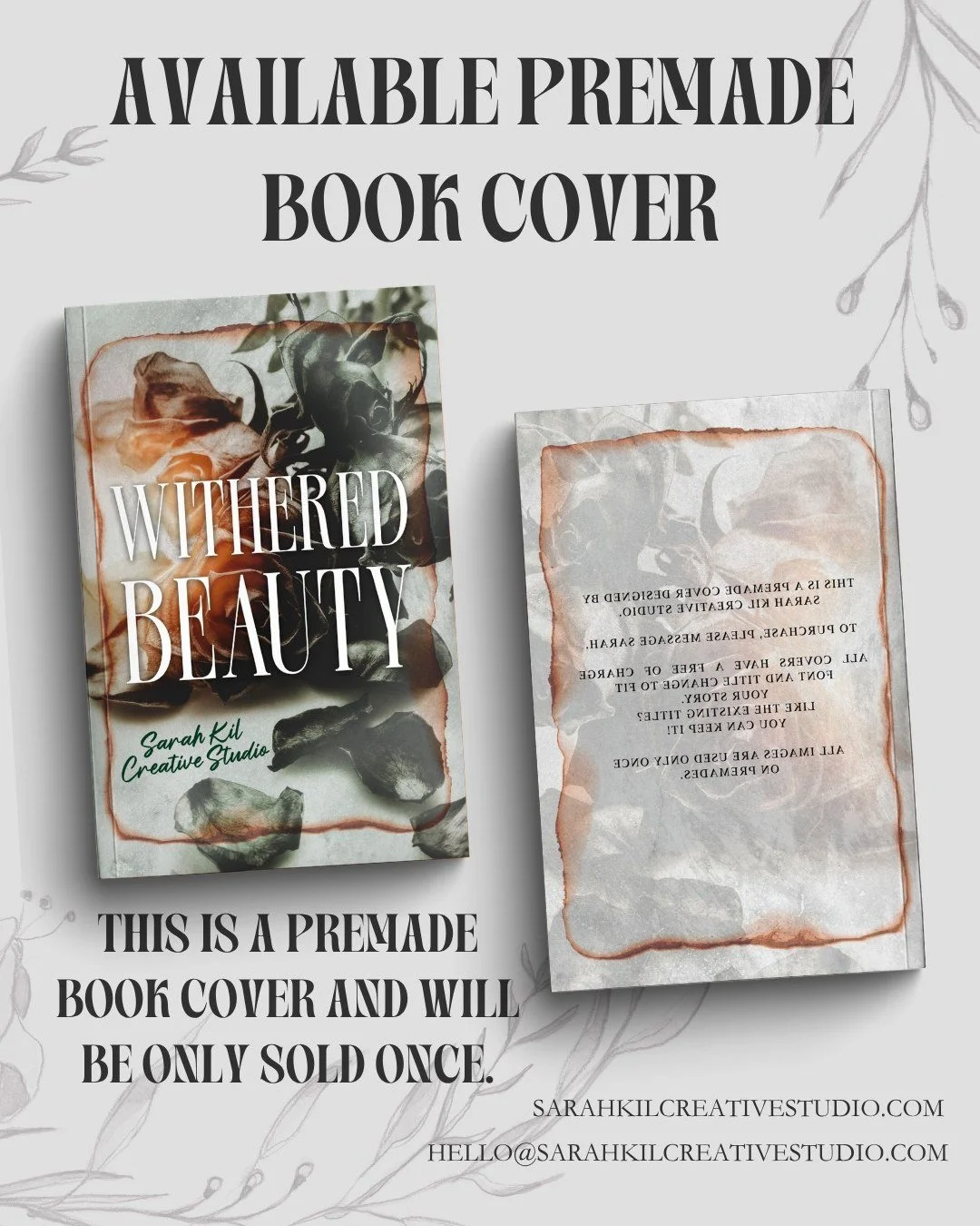 Premade Book Cover: Withered Beauty
Status: AVAILABLE

DM or comment below to claim if interested 🤍

Premade comes with 1 full wrap, ebook files &amp; title PNG. Title, Author Name, and Tagline (if available) can be updated once purchased. Add ons a