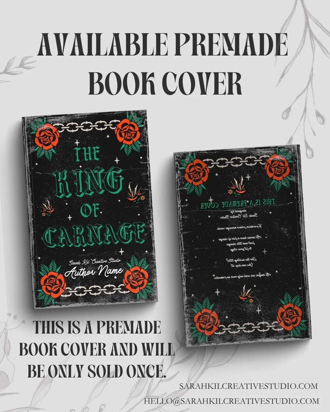 Premade Book Cover: The King of Carnage
Status: AVAILABLE

DM or comment below to claim if interested 🤍

Premade comes with 1 full wrap, ebook files &amp; title PNG. Title, Author Name, and Tagline (if available) can be updated once purchased. Add o