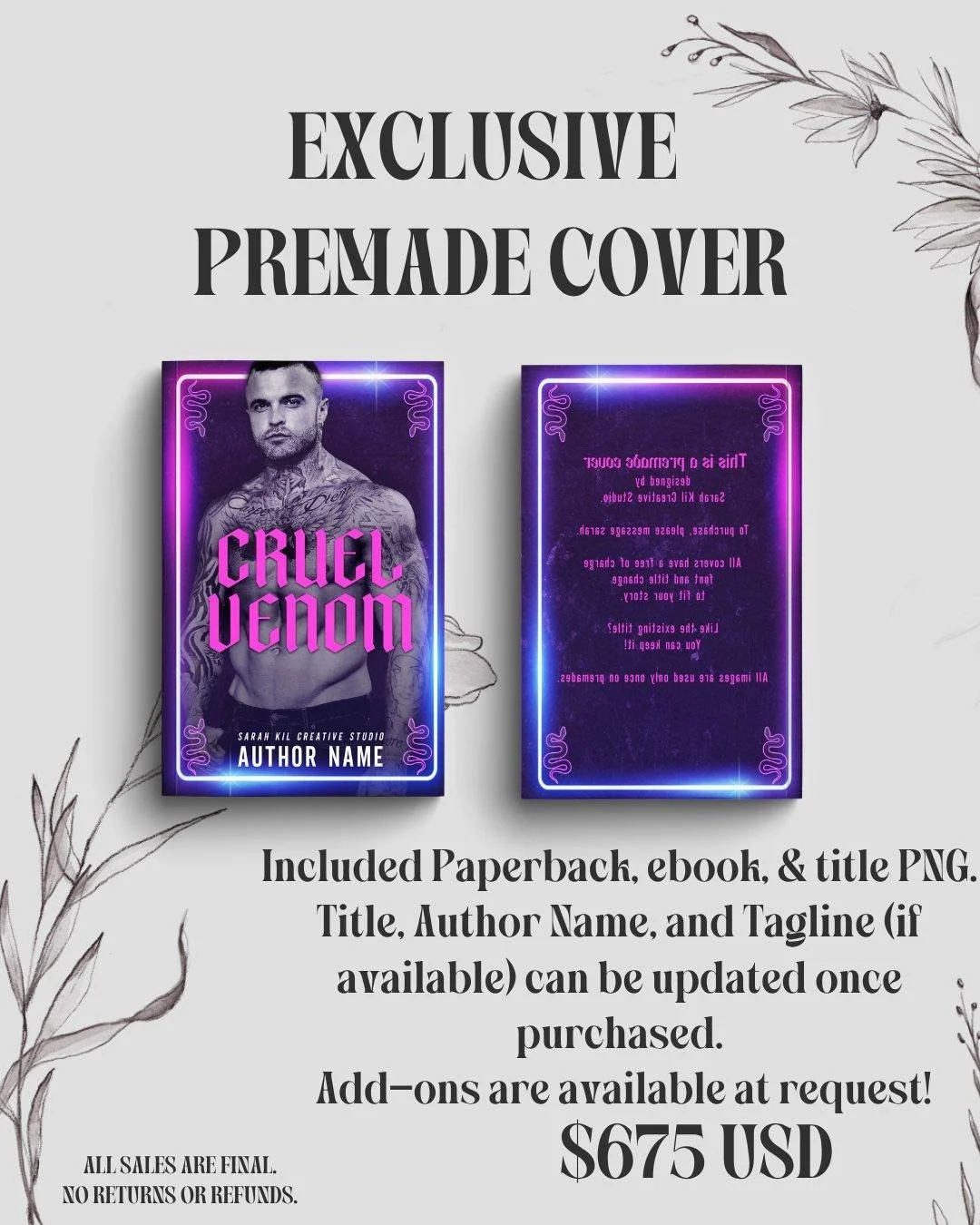 💜💜 PURPLE VIBES Exclusive Book Cover Premade collab with Eric McKinney 612 Photography
Name: Cruel Venom
Status: AVAILABLE
Photographer: Eric McKinney 612 Photography @mannequin612 

DM or comment below with the Book title to claim if interested

P