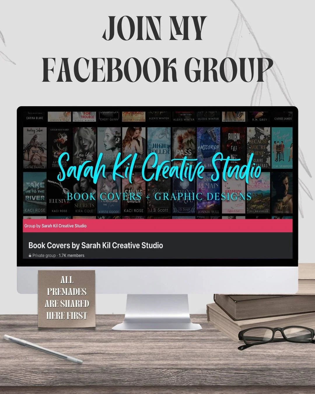 Did you know I have a Facebook Group? I share premade book covers, logos, and collections first before sharing them with the public. 

Come join my group, Book Covers by Sarah Kil Creative Studio.
