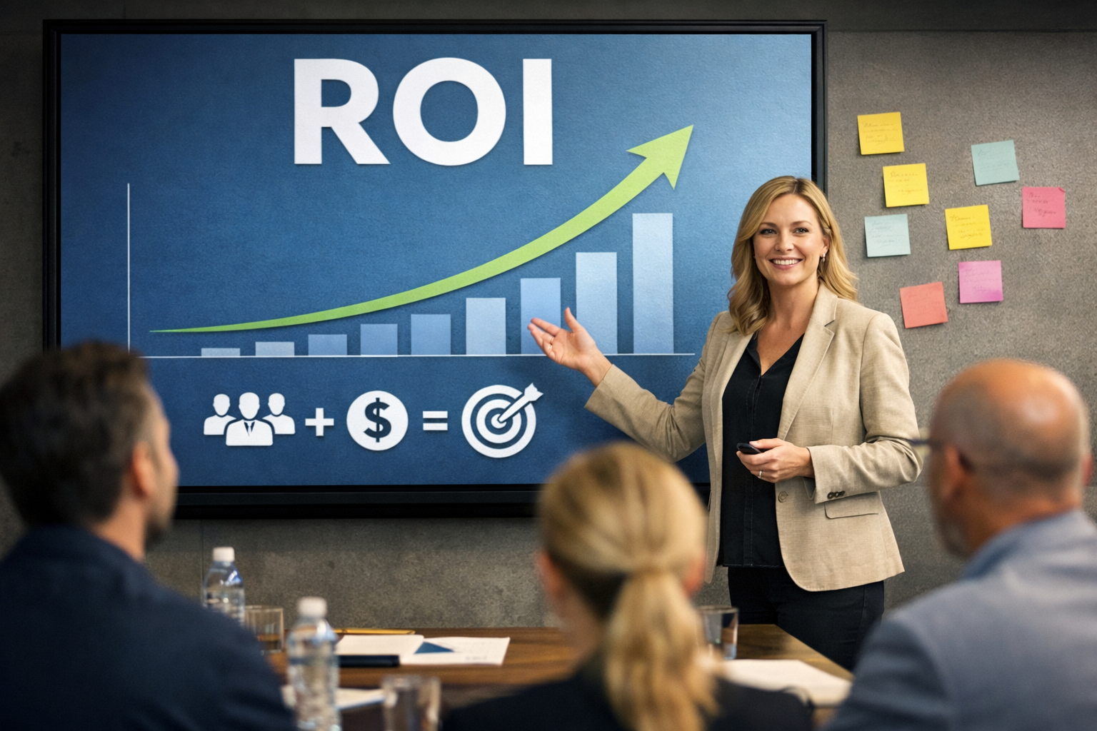 Strategisk konferens där företag diskuterar ROI och affärsnytta med företagsevent