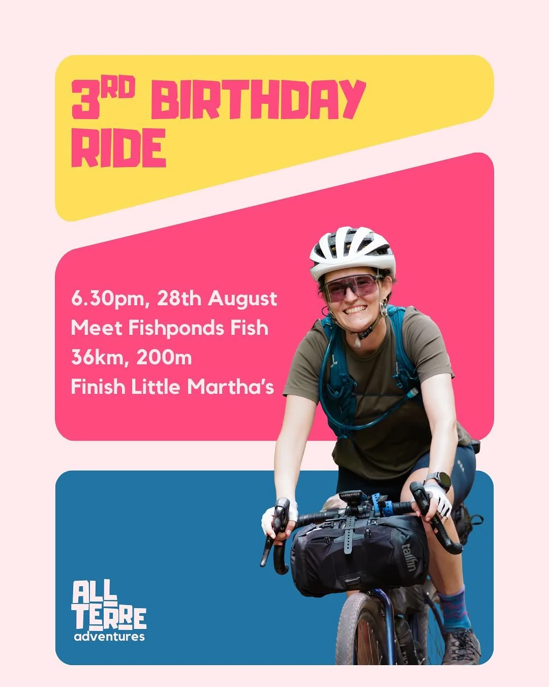🎉 All Terre 3rd Birthday Ride 🎉

We&rsquo;re celebrating 3 years of All Terre with a throwback to our very first ride. Same vibes, same terrain, just with a few more friends along for the ride. 💛

📍 Meet: Fishponds Fish
🕡 Time: 6.30pm, Thursday 