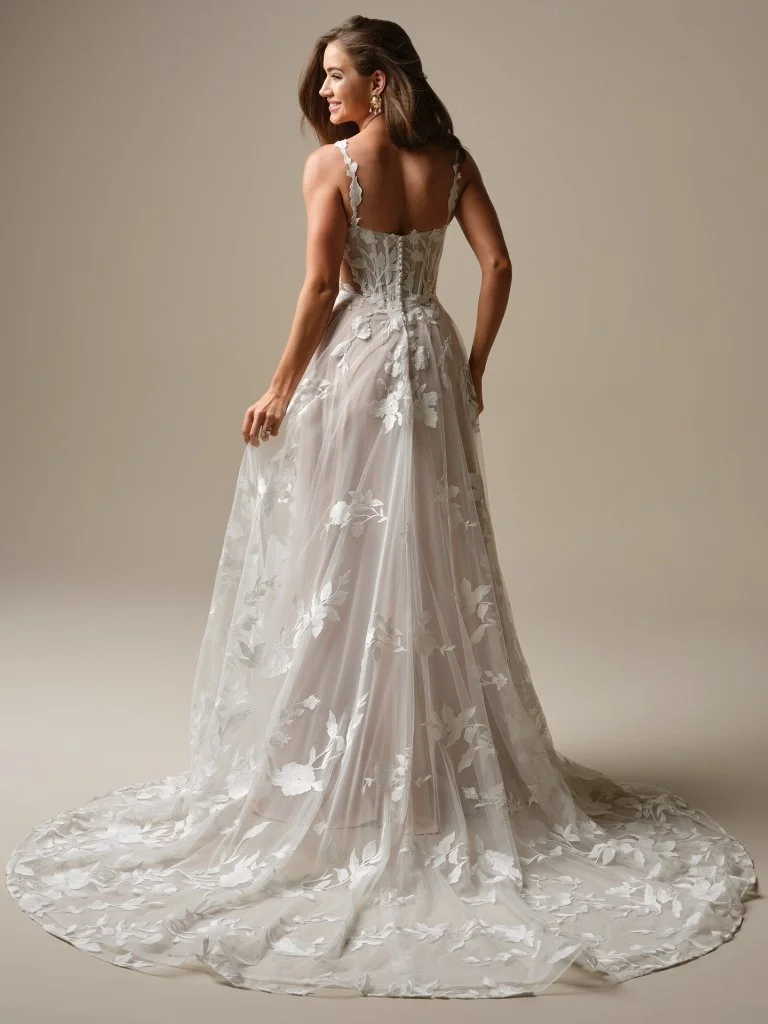 Natalie Marie delicate A-line plunging neckline floral lace wedding dress