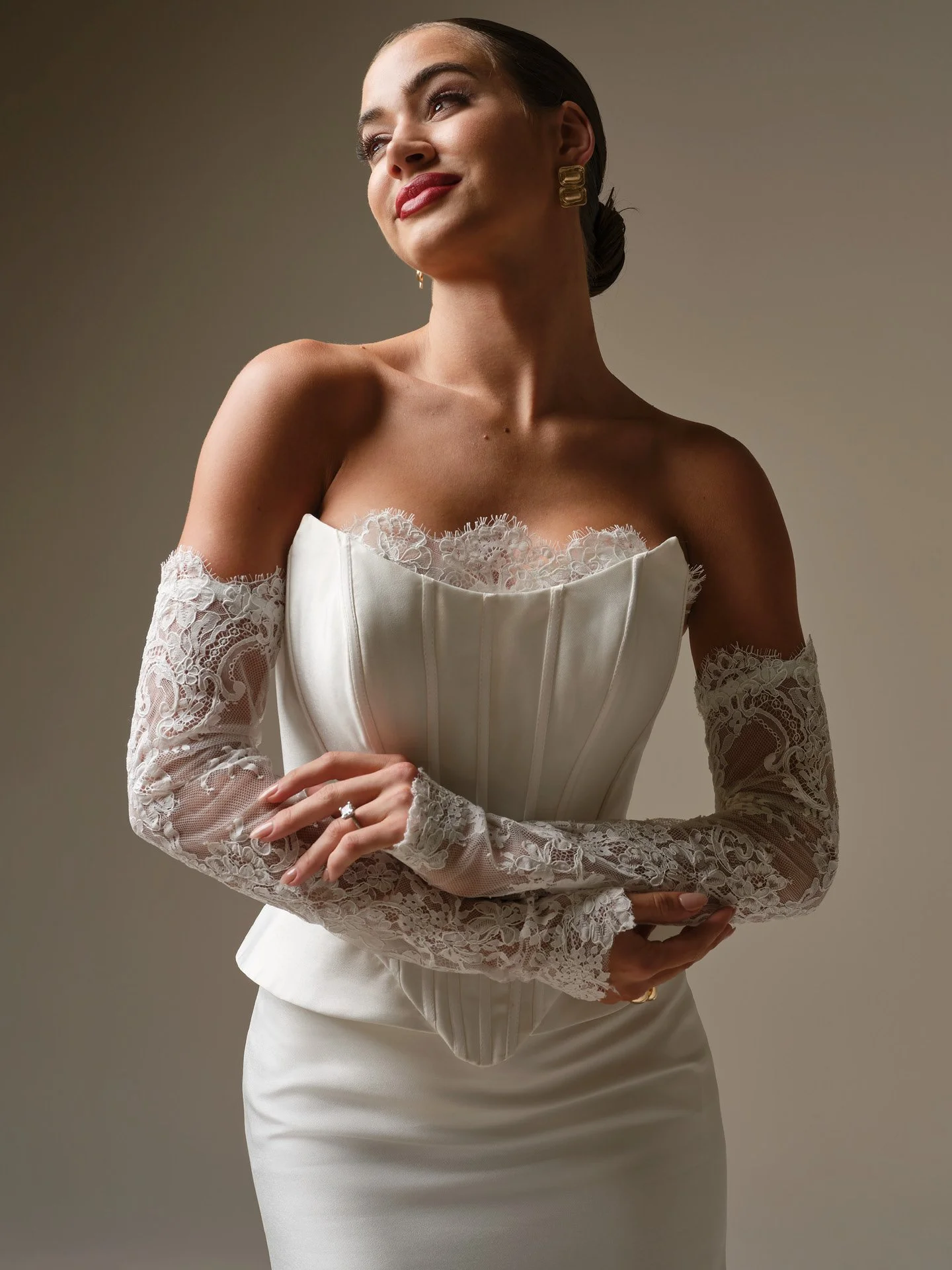 Detachable off-the-shoulder long unembellished Chantilly lace sleeves sold separately
