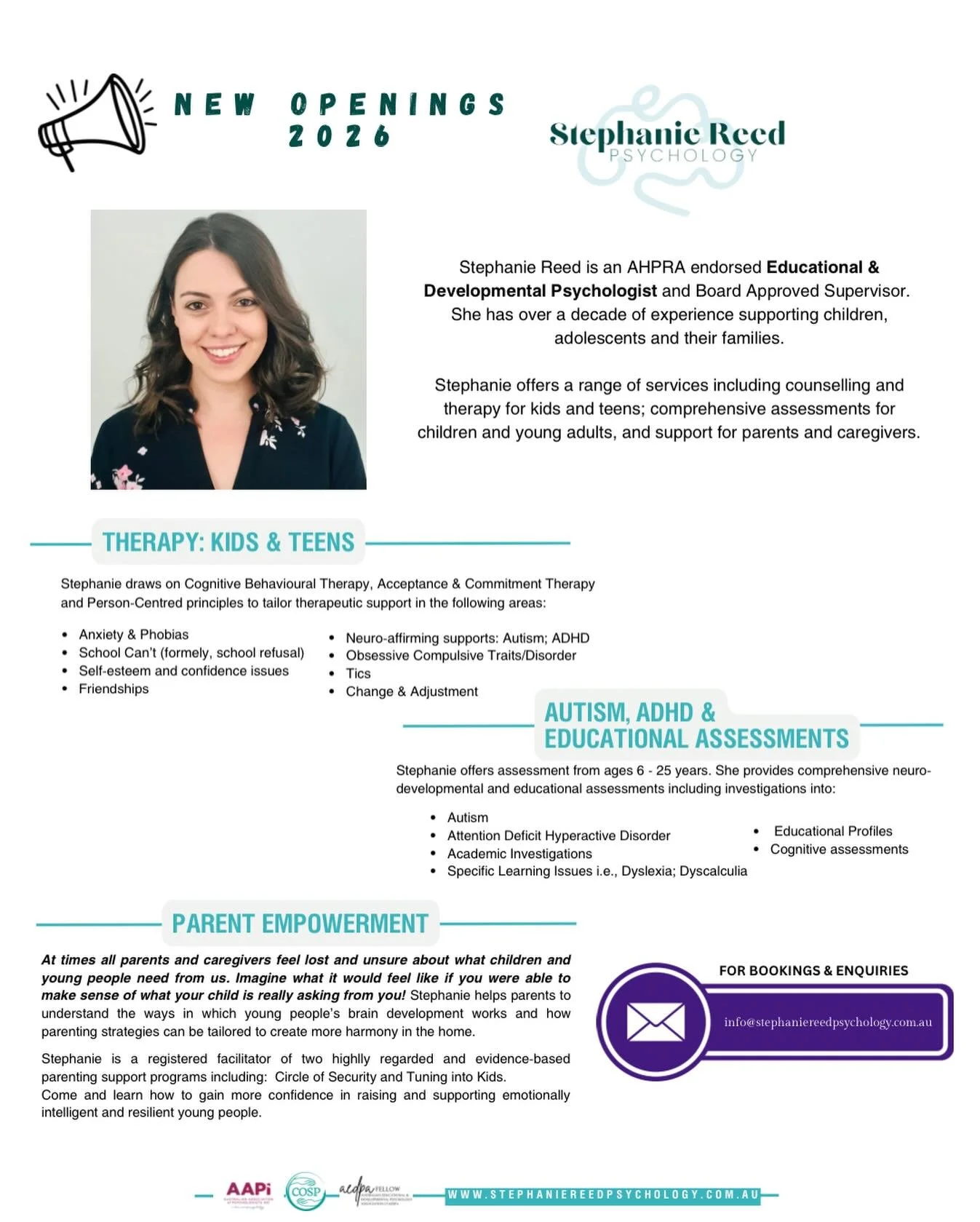 🧠 A snapshot of services for children, teens and families. 

For all enquiries please email: info@stephaniereedpsychology.com.au or submit a form via the website. To read a more detailed overview of therapy, assessments and supports please feel free