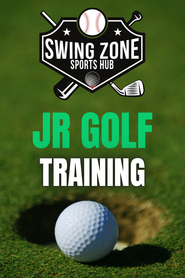 Banner for Swing Zone Sports Hub promoting Jr Golf Training with a golf ball near a hole on the grass
