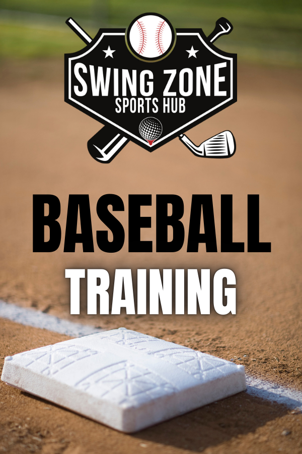 Logo for Swing Zone Sports Hub with baseball, golf ball, and golf club icons, and text indicating baseball training on a baseball field.