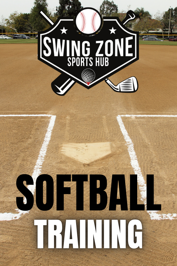 A softball field with a large sign displaying 'Swing Zone Sports Hub' and symbols of a baseball, a golf ball, and a golf club. The text 'Softball Training' is prominently overlaid on the field.