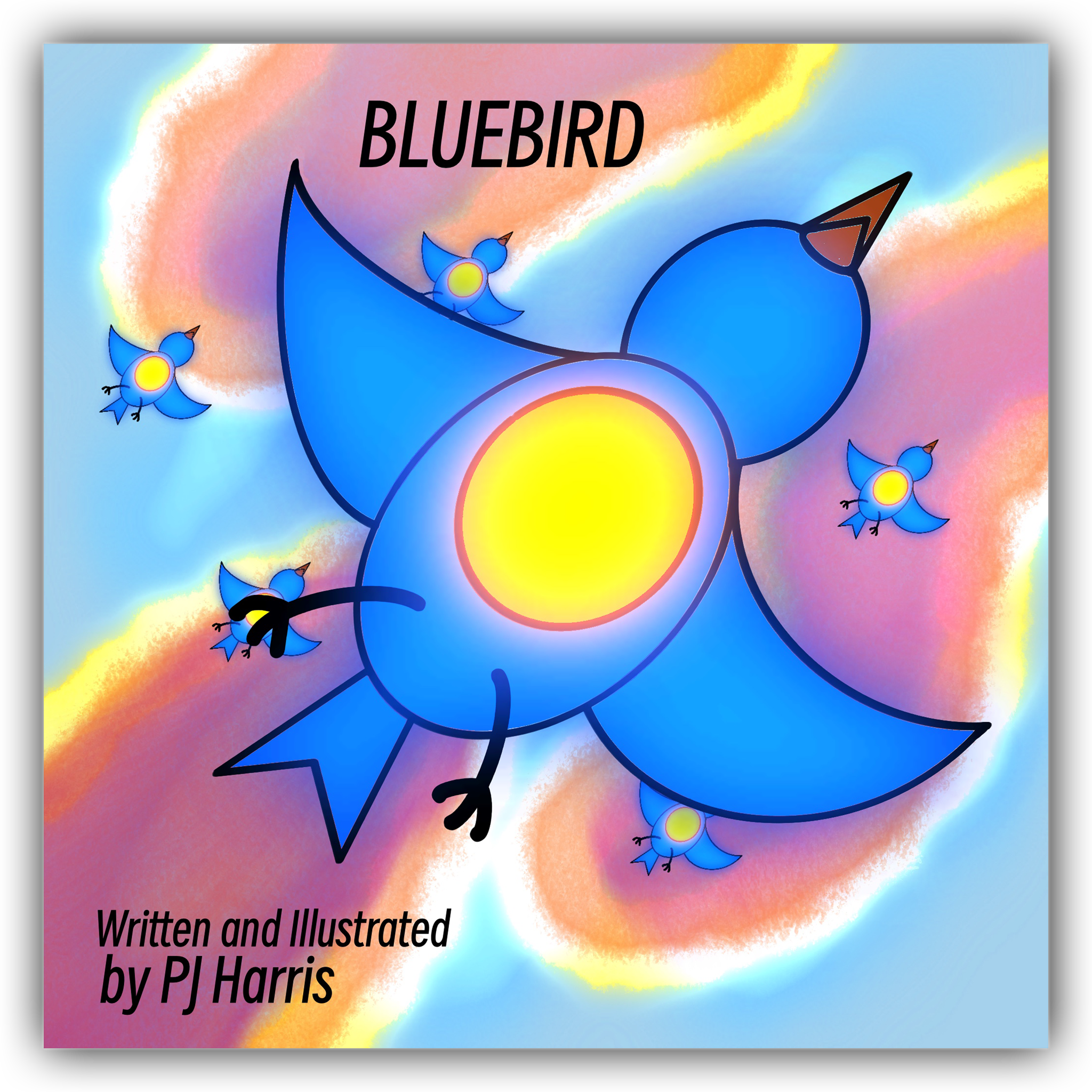 Children's book 'Bluebird' blue bird colorful, pastel background.  Love birds, dogs, trees, floweres, spiders. pictures. Love nature. Author and illustrator is PJ Harris.