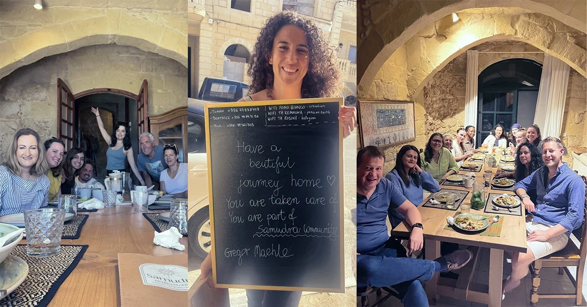 Guests sharing meals and connection during a small-group spiritual retreat at Samudra in Gozo, Malta