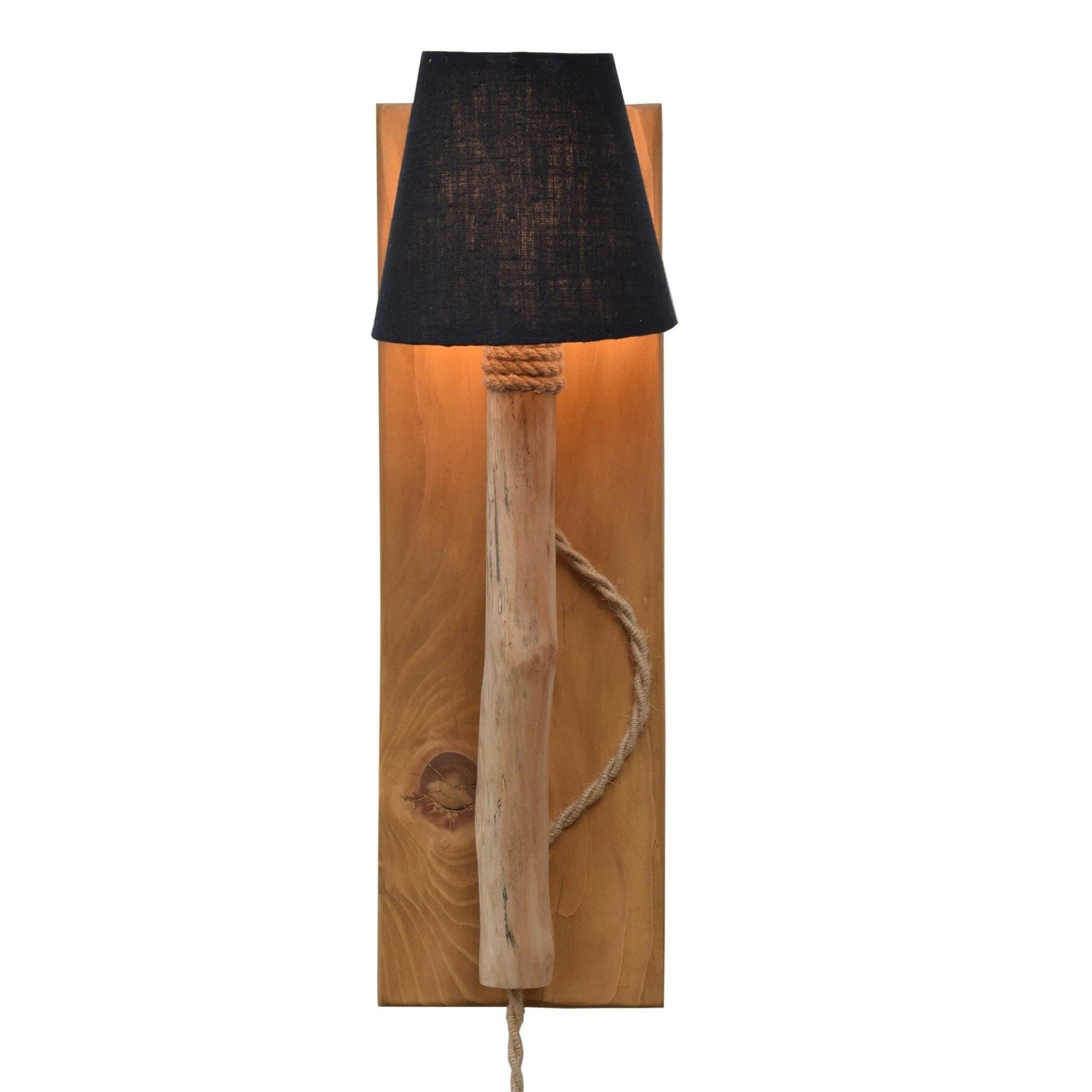Wooden sconce black linen lampshade by decordemon studio