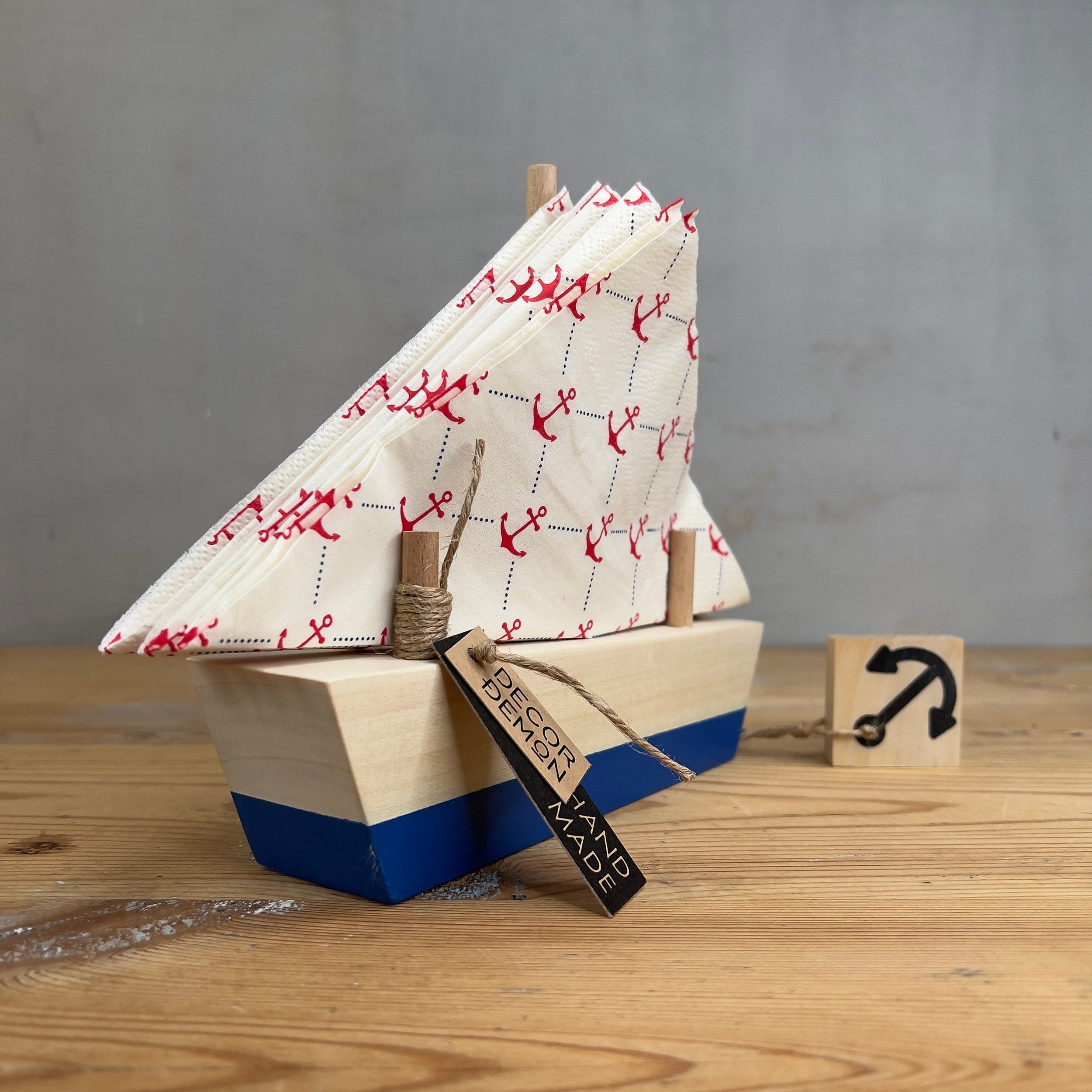 Blue boat handmade napkin holder detail 3