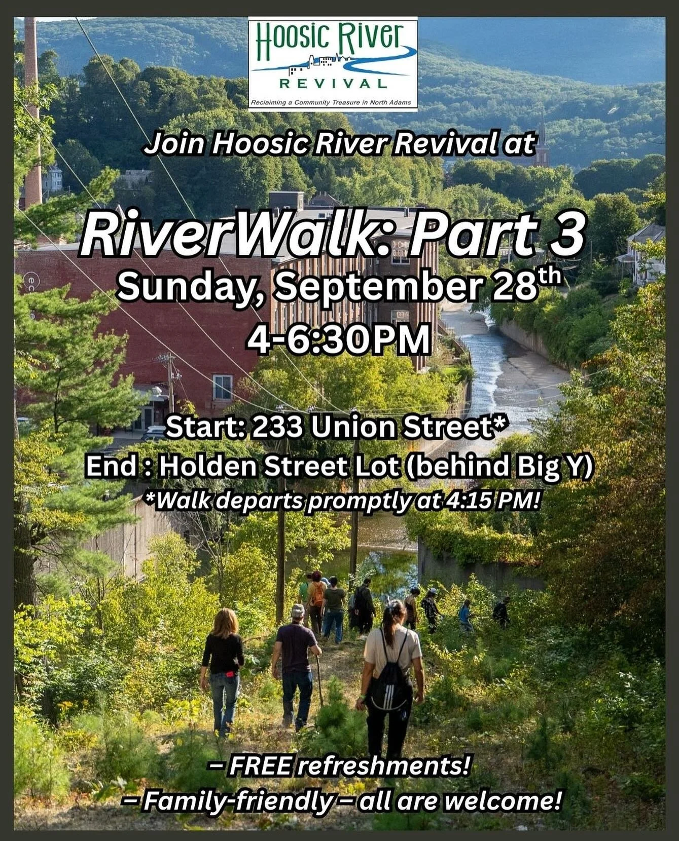 Join us for Part 3 of our RiverWalk series on 9/28! 

Our RiverWalks are held on the last Sunday of each month in North Adams&mdash;and we&rsquo;d love to see you at our next. 

On Sunday, September 28th, meet us at 223 Union Street to pick up a free