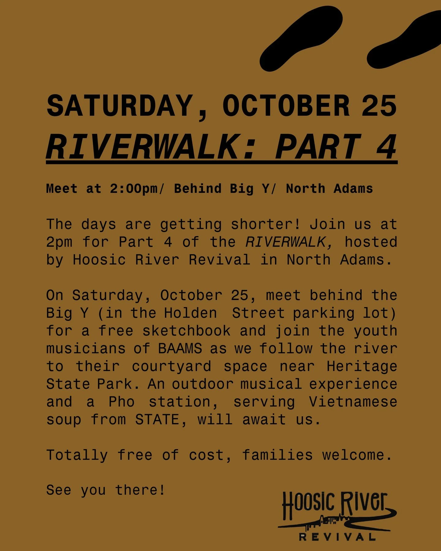 Our RiverWalk series is back for Part 4 and we'd love for you to join us!

Join us at 2pm on Saturday, October 25th in the Holden Street lot (behind Big Y) in North Adams. Grab a sketchbook and walk with us along the Hoosic to the @wearebaams courtya