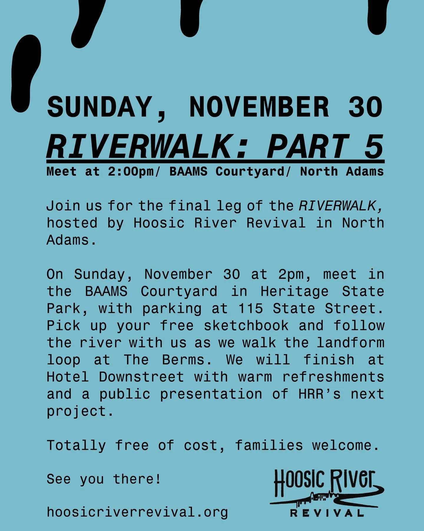 Our final RiverWalk will be on Sunday, November 30th at 2PM. 

Join us at @wearebaams Courtyard, grab a free sketchbook, and walk with us around the Berms. We will end up at @hoteldownstreet where we will enjoy some warm refreshments and a presentati